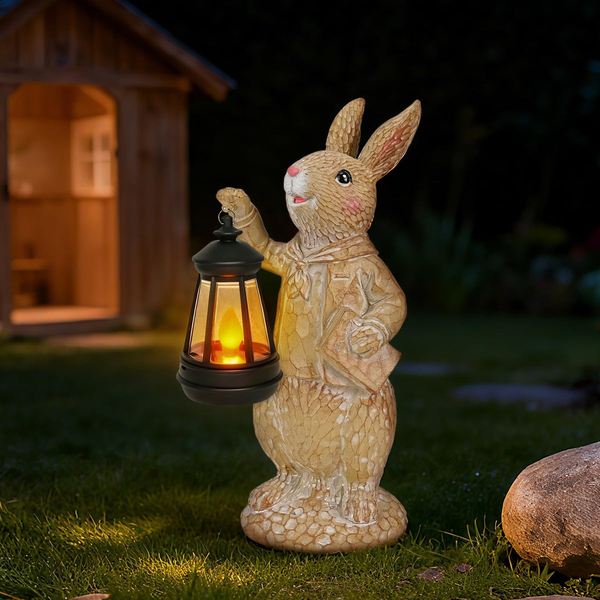 Zuzuzen Dr. Bunny garden statue glows at night for cozy curb appeal