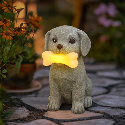 Zuzuzen solar dog statue with glowing bone adds magical garden illumination