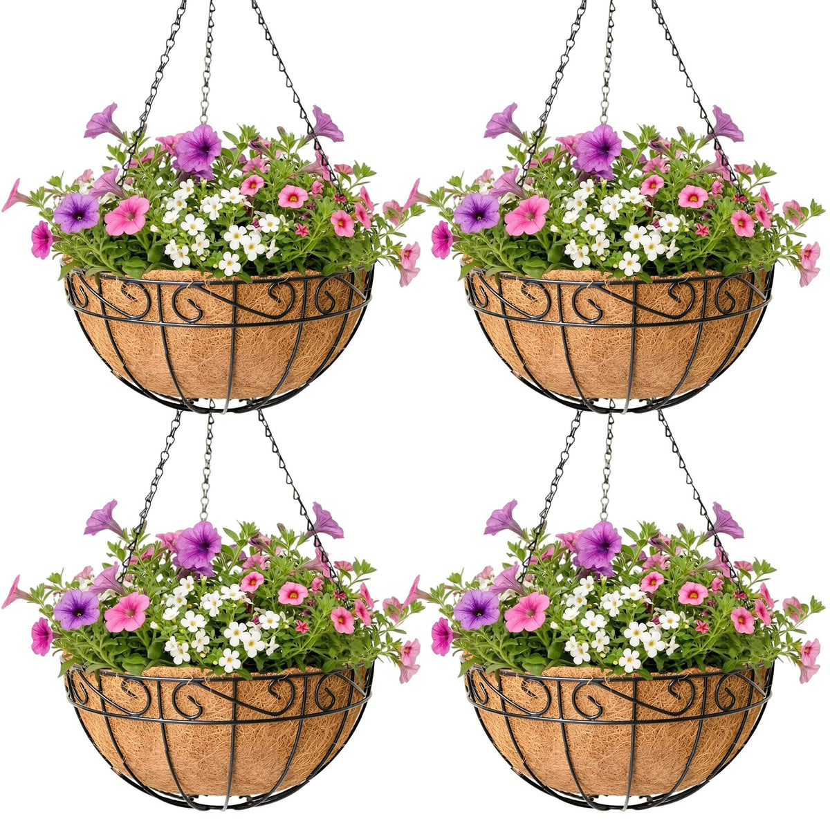 ZVOWOS 4-pack hanging planter with 12-inch round wire basket for outdoor blooms.