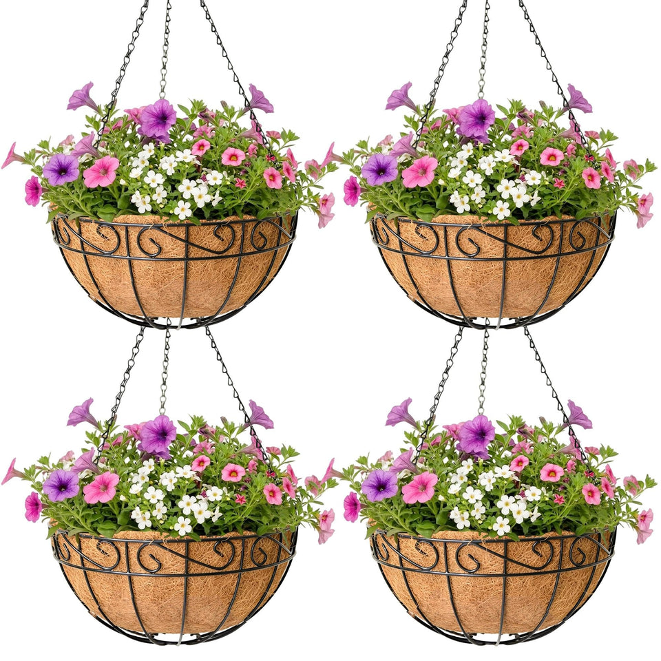 ZVOWOS 4-pack hanging planter with 12-inch round wire basket for outdoor blooms.