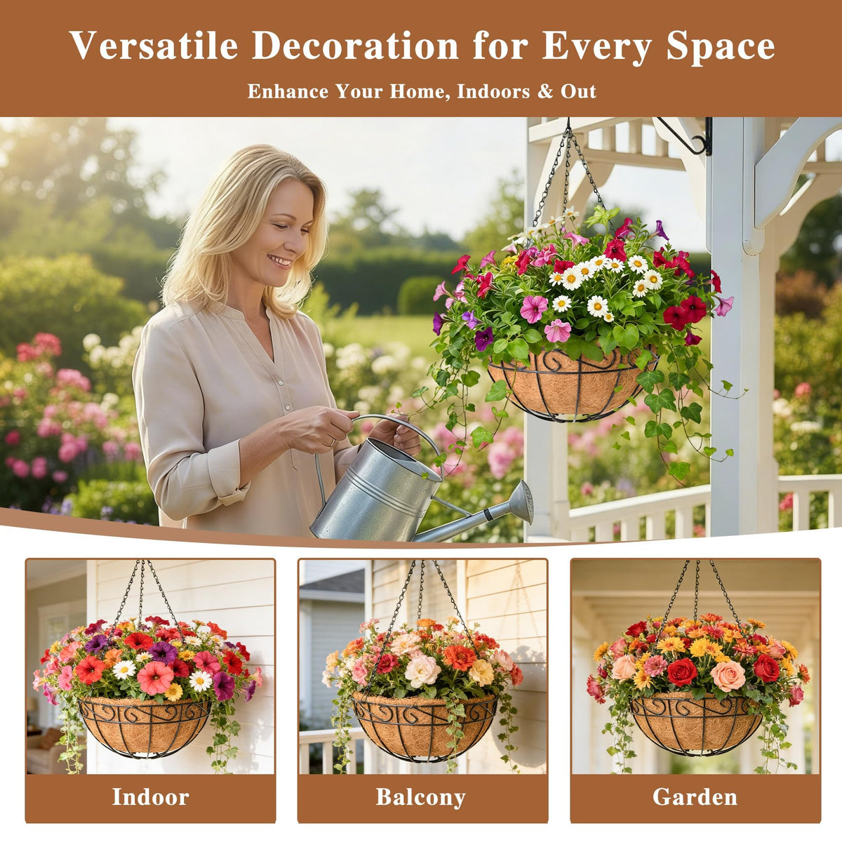 ZVOWOS coco coir liner hanging basket provides drainage for healthy plants.
