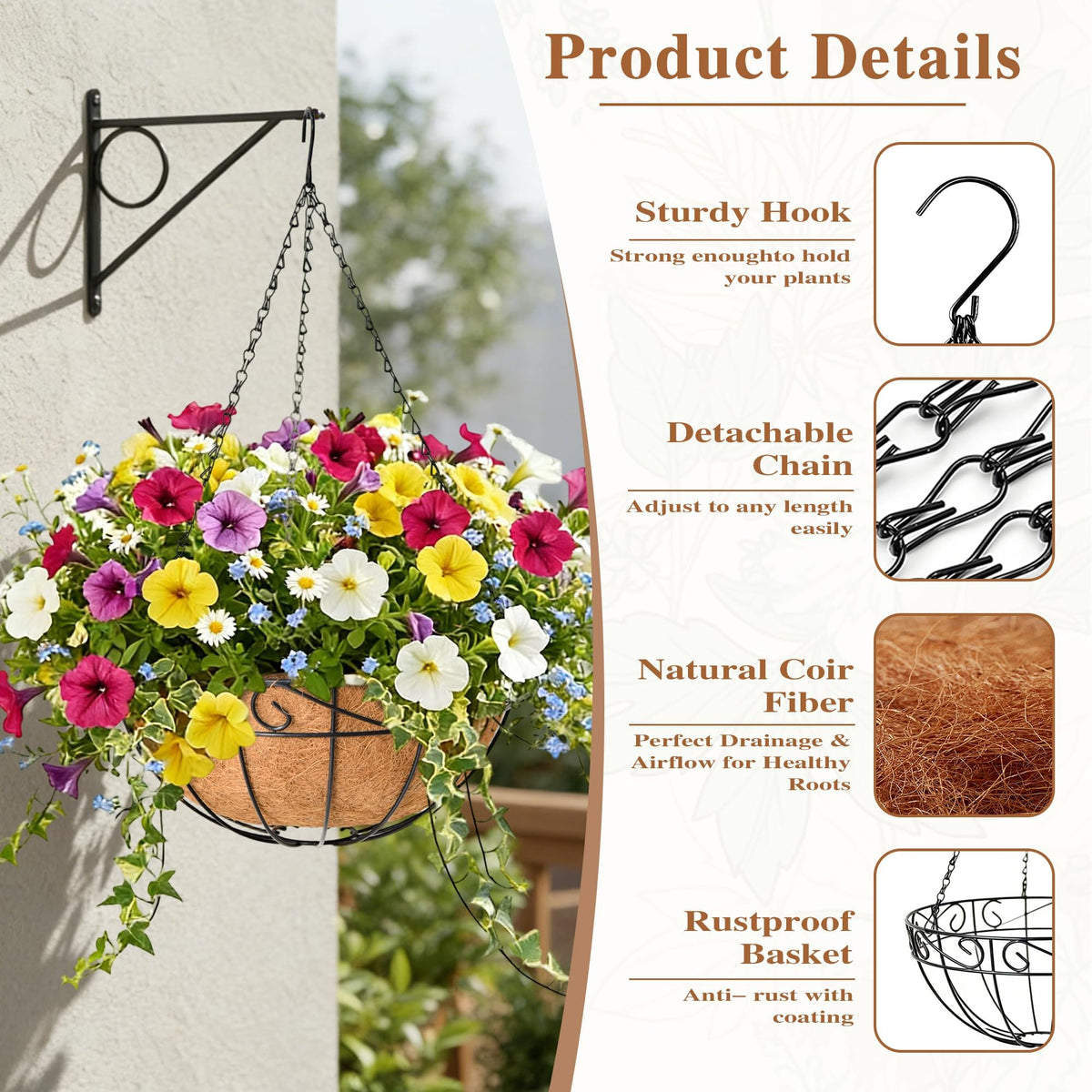 ZVOWOS easy-install planter with three chains and hooks.