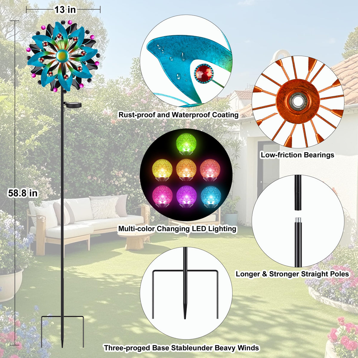 ZXHYREX Solar Wind Spinner 360-degree swivel enables continuous spin in light wind.