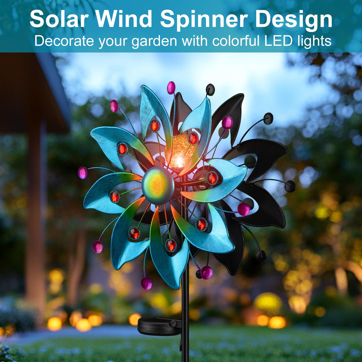 ZXHYREX Solar Wind Spinner LED lights cycle through seven colors for nighttime ambiance.