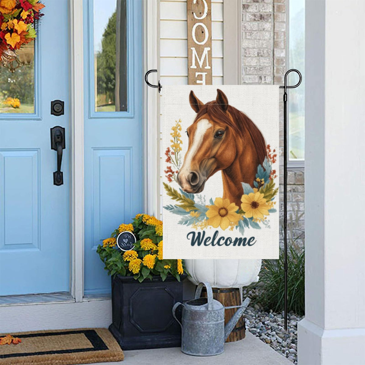ZXRSDDF Welcome Floral Horse Flag back view highlights double-sided printing.