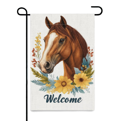 ZXRSDDF Welcome Floral Horse Flag front view, vibrant double-sided garden decor.