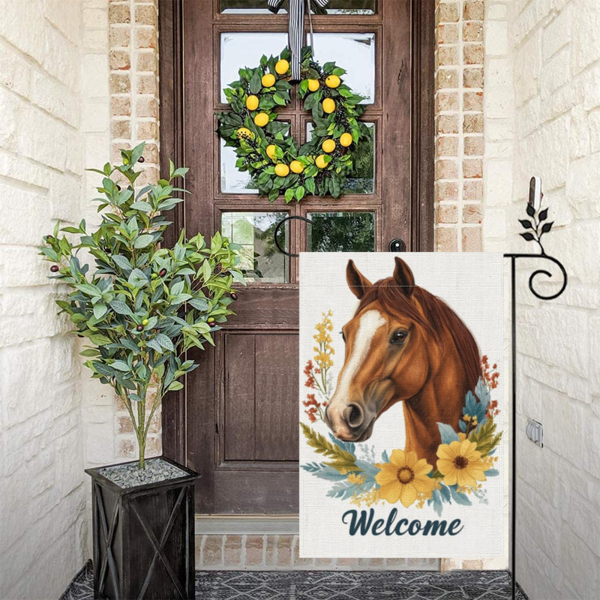 ZXRSDDF Welcome Floral Horse Flag on garden stand for easy display.