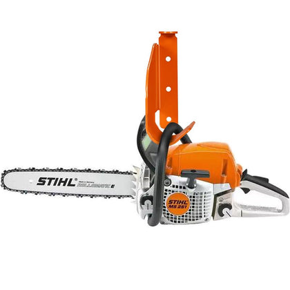 Zxturbi chainsaw hanger installation on stud wall for easy access.