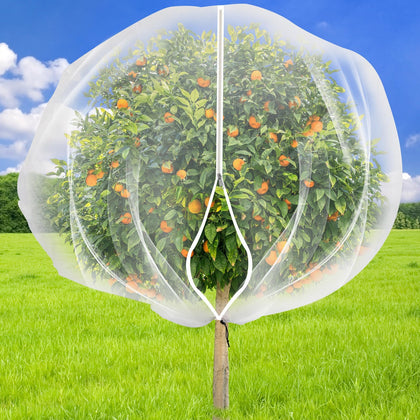 ZYP fruit tree netting cover with zipper and drawstring protects trees from pests while letting light.