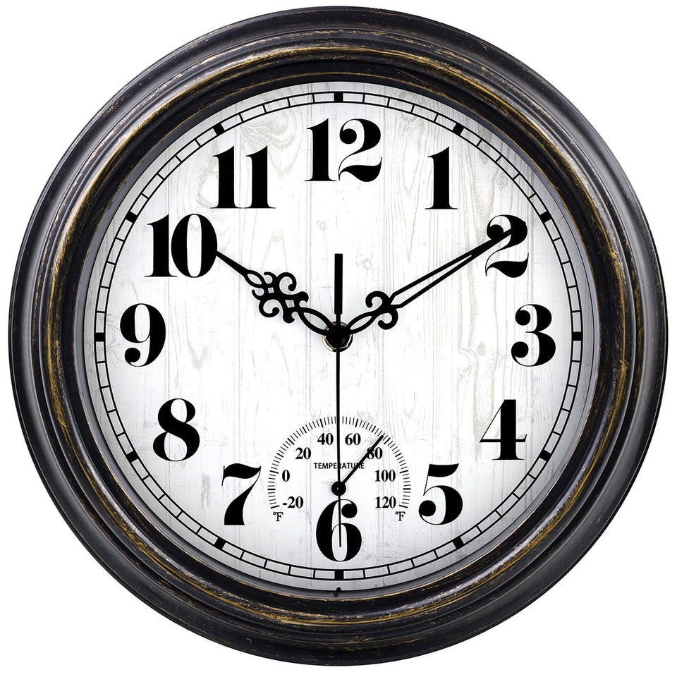 Zyzamay 12-inch outdoor clock waterproof face keeps time outdoors.