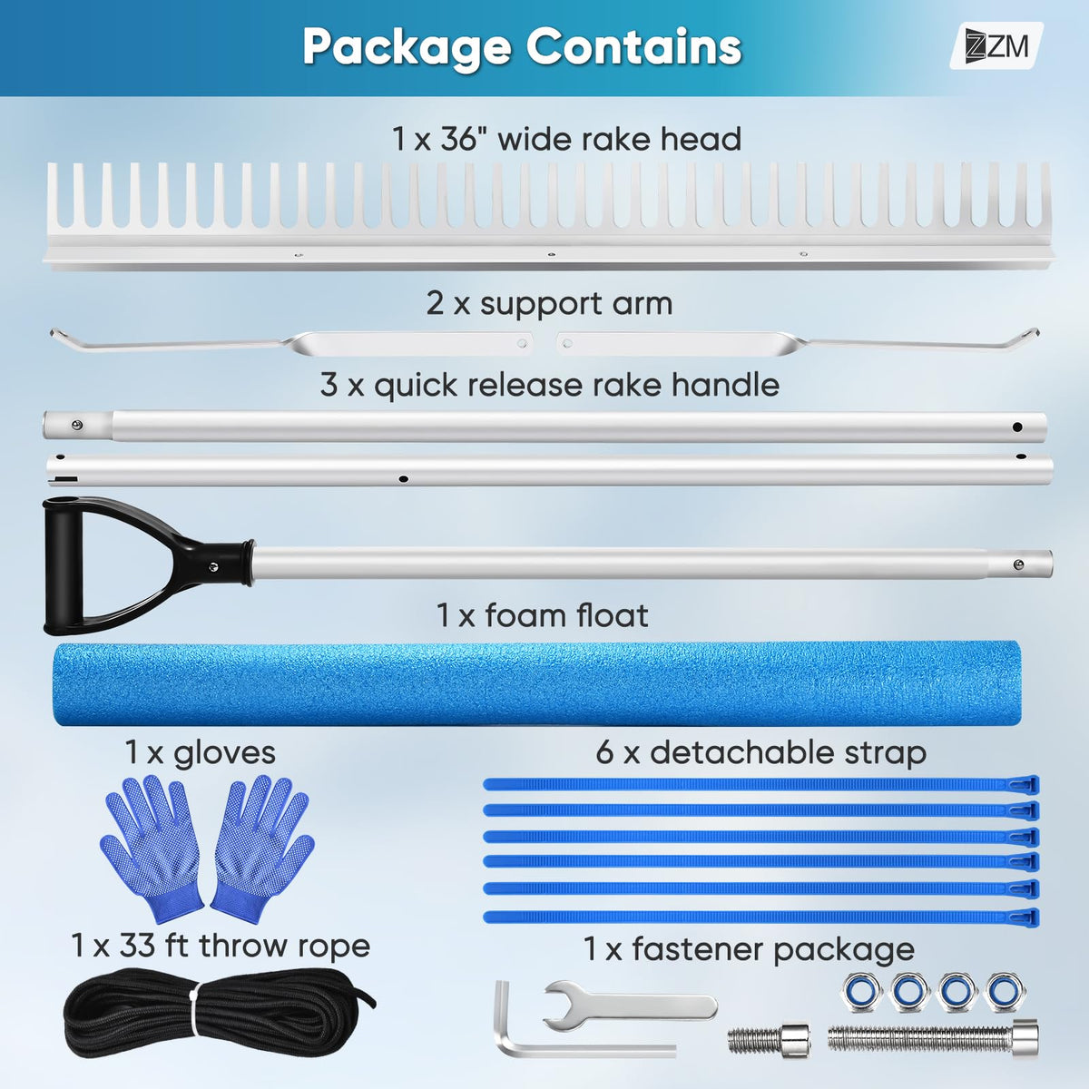 ZZM Floating Lake Weed Rake with detachable float extension for reach.