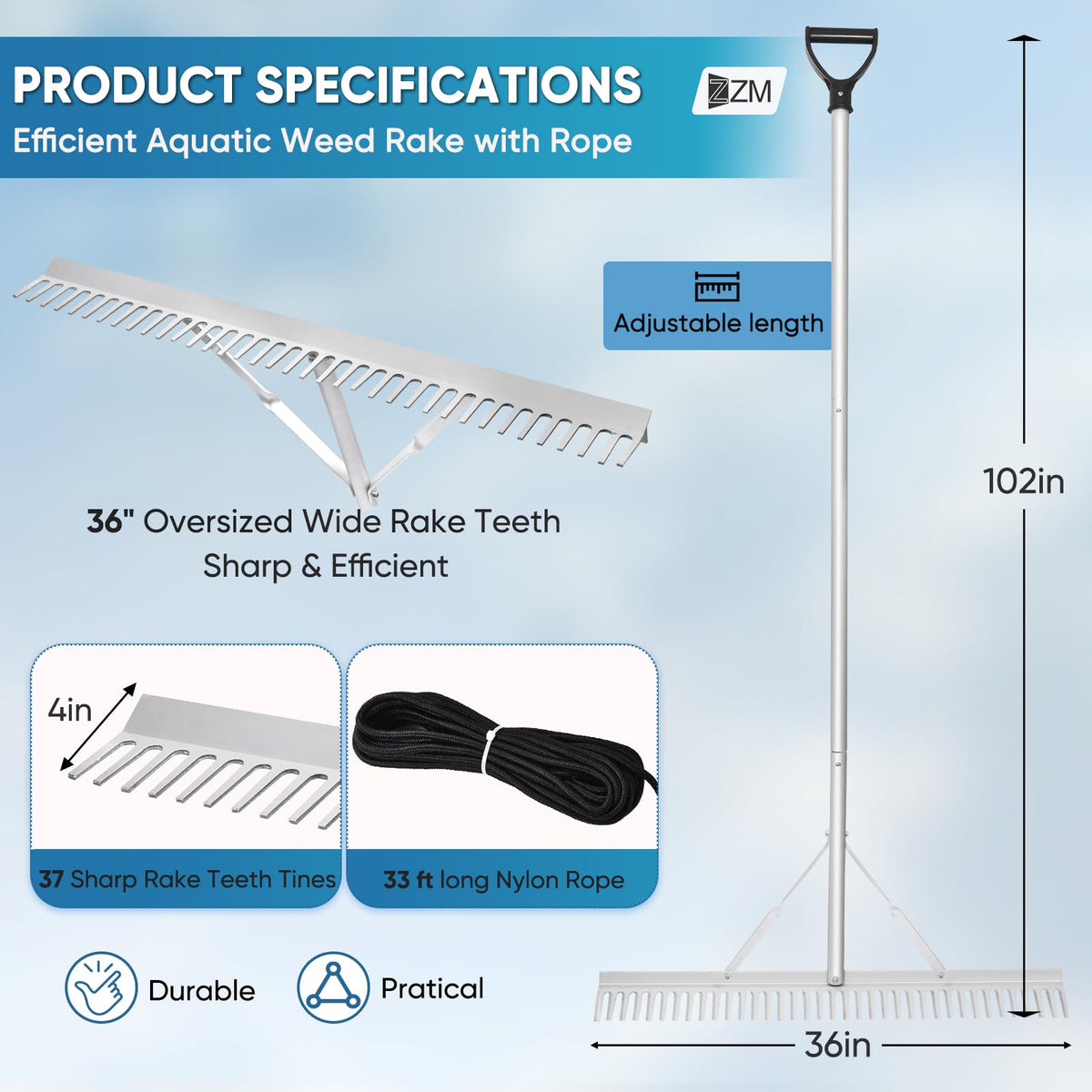 ZZM Floating Lake Weed Rake teeth cut through aquatic weeds effectively.