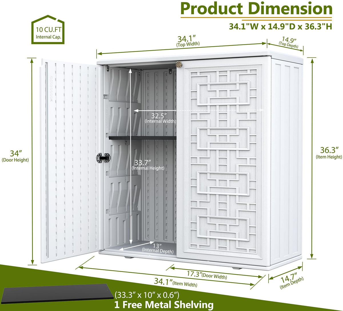 ZZM outdoor shed white, door open, easy access to stored tools and supplies.
