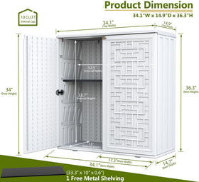ZZM outdoor shed white, door open, easy access to stored tools and supplies.