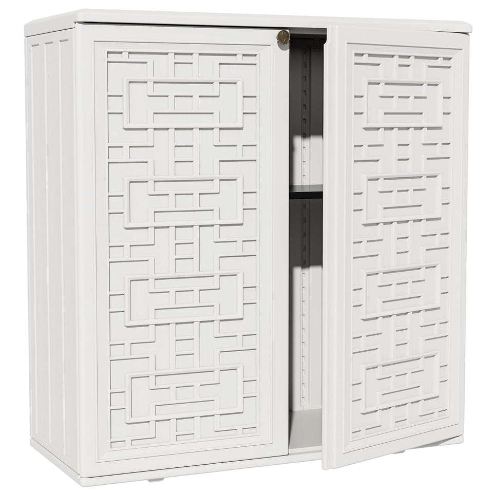 ZZM outdoor storage shed white, front view, showcasing weatherproof durability for garden gear.