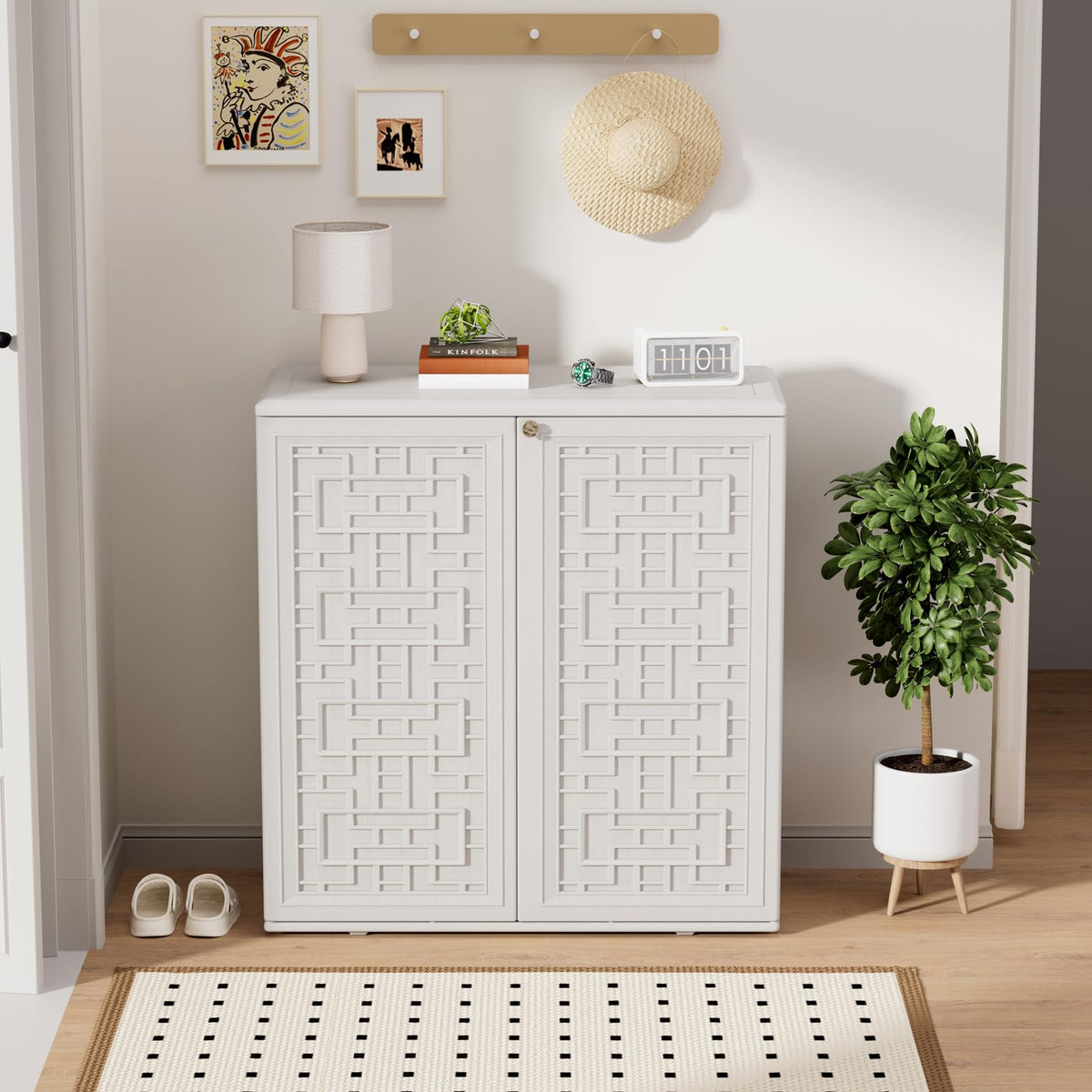 ZZM white shed interior, single shelf shown, versatile storage for shoes, towels, and small items.