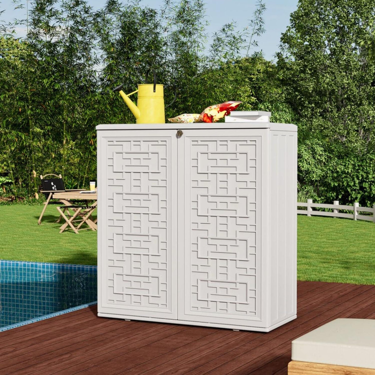 ZZM HDPE shed white, side view, ideal for patio organization and outdoor clutter reduction.