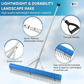 ZZM lake rake handle with rope enabling throw-and-retrieve for distant debris.