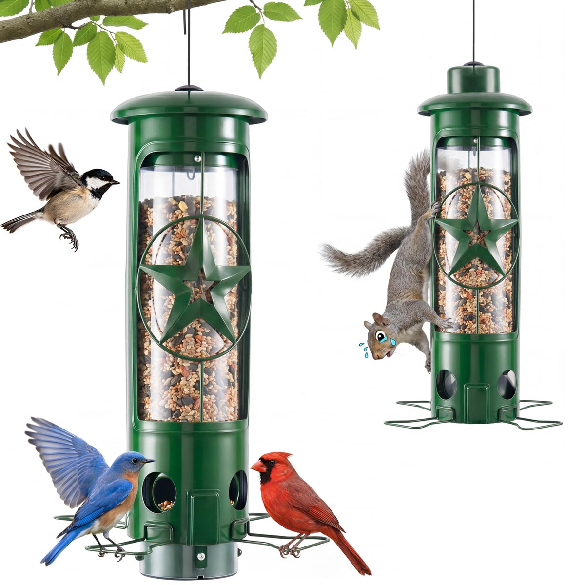 ZZOOEE squirrel-proof feeder in green hanging design protects seed from pests.