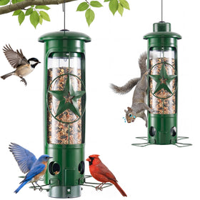 ZZOOEE squirrel-proof feeder in green hanging design protects seed from pests.