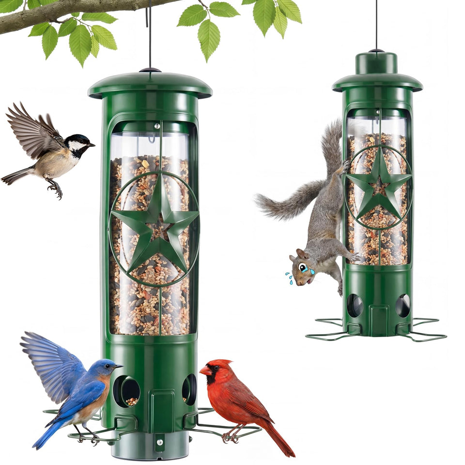 ZZOOEE squirrel-proof feeder in green hanging design protects seed from pests.